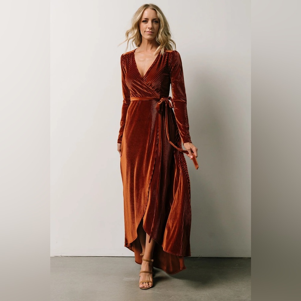 Elegant Rust Velvet Wrap Dress